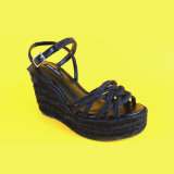 Womens PU Weave Black Ankle Strap Espadrilles Wedges Sandals