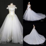 Real off Shoulder Embroidery Big Train Long Dress Wedding Gown