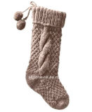 Hand Knit Chunky Christmas Stocking Socks with Hanging Loop Pompoms