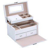 White Leather Jewelry Box Storage with Mirror and Drawers Case