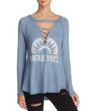 Blue Long Sleeve Women Vintage Vibes Lace-up Printing Tee