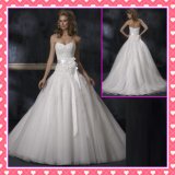 Strapless Tulle Alencon Lace Applqiue Beaded Weddng Dress (P003)