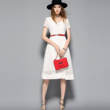 White Hollow Short Sleeve Cotton Women Dress with Red Belt