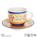 8oz Fancy Flower Stoneware Hand Painting Tea Cup & Saucer