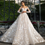 Champagne Full Sleeves Bridal Wedding Dress with Flowers Decoration (W725)