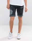 Men's Slim Denim Shorts with Rips in Wash Black