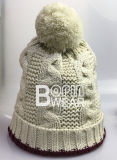 Ladies Cable and Twist Knit Hat with Large Yarn POM
