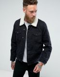 Men's Denim Jacket with Borg Collar in Black Wash