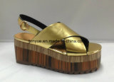 Lady Genuine Leather Shoe Thick Wood with Grain Rubber Outsole Women Sandals