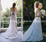 Illusion 3/4 Sleeves Tulle Wedding Dress Silver Bridal Wedding Gown Ld15256