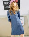 Ladies Embroidery Jeans Skirt Round Collar Seven-Sleeve Dress
