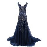 Navy Blue Bridal Evening Gowns Beaded V-Neckline Prom Party Dresses Z213