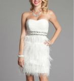 White Beaded Fashion New Style Feather Short Prom Dresses (PD3050)