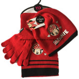 Custom Made Logo Cartoon Printed Red Winter Acrylic Knit Beanie Scarf Gloves Set