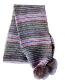 Ladies Chunky Multi Stripe Scarf with Pompoms at Two Ends