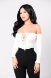 White Strapless Fashion Bodysuit Tops with Long Sleeve Tying Bodysuit Tops