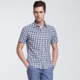 Men's Plaid 100% Cotton Stand Neck Short Sleeve Dress Shirt