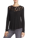 Ainsley Cutout Lace-Trim Black Long Sleeve T Shirt Tops