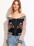 Color Block Sequin Bird Embroidered off The Shoulder Bomber Jackets for Women