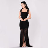 Black Cap Sleeve Maxi Dress Ruching Front Detail Mesh Sheering Detail Sexy Lady's Evening Long Safari Dress