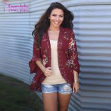 Floral Print Loose Puff Sleeve Kimono Cardigan Lace Patchwork Cover up Blouse