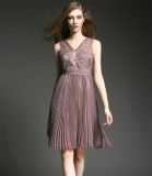 Fashion European and American Real Silk Embroidered Pleated Dress