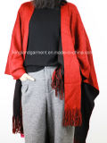 Acrylic Fashion Lady Winter Warm Red/Black Reversible Fringed Knitted Poncho
