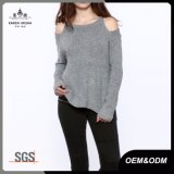 Women Cold Shoulder Ribbed Knit Angora Wool Sweater