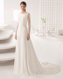 Boat Neck Lace Long Sleeve Chiffon Bridal Wedding Dress