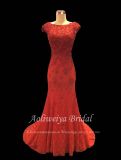 Aoliweiya Cap Sleeve V Back Trumpet Red Lace Evening Dress