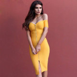 Bandage Dress Attractive Yellow Short Sleeve Zipper Bodycon Dress Party Wear