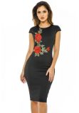 Black Bodycon MIDI Embrodiery Women Dress for Capped Sleeve