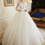 Fabulous Ball Gown Full Sleeves Bateau Appliqued Bridal Dress with Detachable Waistband