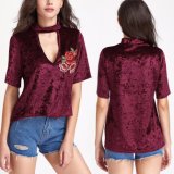 Fashion Women Sexy V-Neck Velvet Flower embroidery  Clothes Blouse