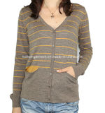 Women Knitted V Neck Clothing with Color Stripes (12AW-065)