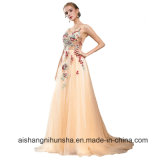 The Banquet Champange Lace Flower Sexy V-Neck Long Prom Dress