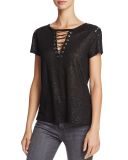 Hot Sale Sexy V Neck Black Metallic Lace-up Tee for Women