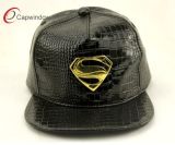 Black PU Leather Snapback Cap with Metal Patch