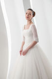 Square Neck Half Sleeves Pleat Top Lace Appliqued Bridal Gown Wedding Dress