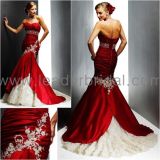 Strapless Red Taffeta Bridal Wedding Dress Sweetheart Gold Lace Mermaid Wedding Gown (C41)