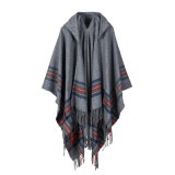 Women's Color Block Open Front Blanket Poncho Checked Cashmere Cape Thick Warm Stole Throw Hoodie Poncho Wrap Shawl (SP218)