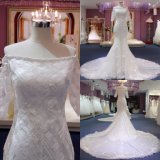 Fashion Plaid Lace Beading Flowers Mermaid Bridal Dress Wedding Gown
