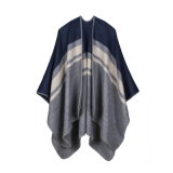 Women's Color Block Open Front Blanket Poncho Bohemian Cashmere Like Stripe Printing Cape Thick Warm Stole Throw Poncho Wrap Shawl (SP226)