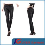 Black Ripped Leather Belt Women Jean Skinny Trousers (JC1196)