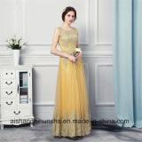 A-Line Gold Lace Appliqued Evening Gowns Sleeveless Evening Dresses