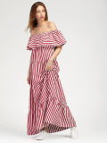 2017 High Quality Contrast Striped Flounce Layered Tiered Peasant Dresses