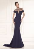 off The Shoulder Satin Beading Blue Mermaid Evening Party Evening Gowns