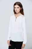 Latest Design Long Sleeve Fashion Cutting Blouse with Metal Jewelry