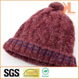 100% Acrylic Cable Knitted Hat with Striped Brim and Pompom
