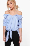 off Shoulder Stripe Blouse with Tie